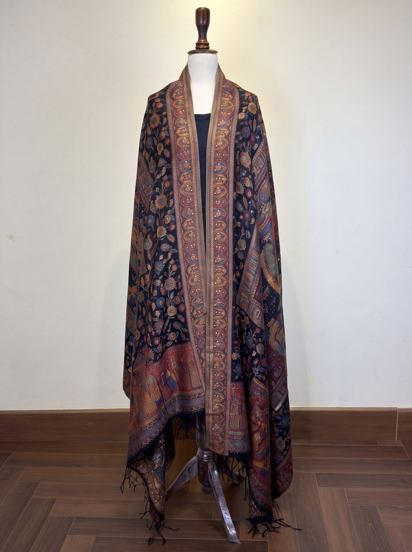 Midnight Black & Rust Mughal Court Silk Kaani Dupatta