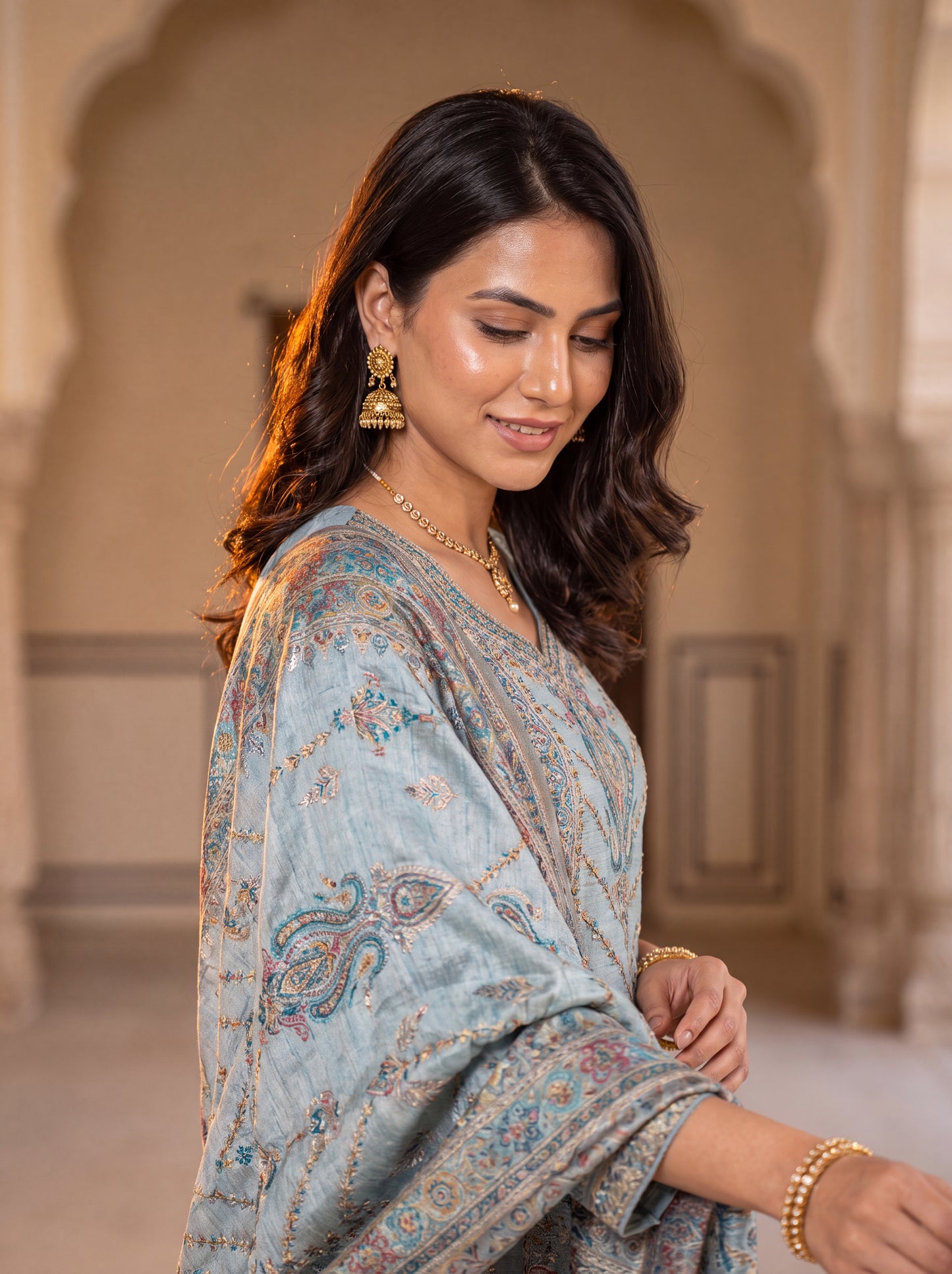 Serene Ice Blue Silk Kaani Suit