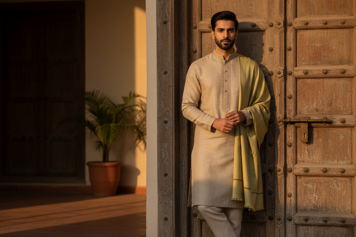 Man in beige shalwar kameez with shawl