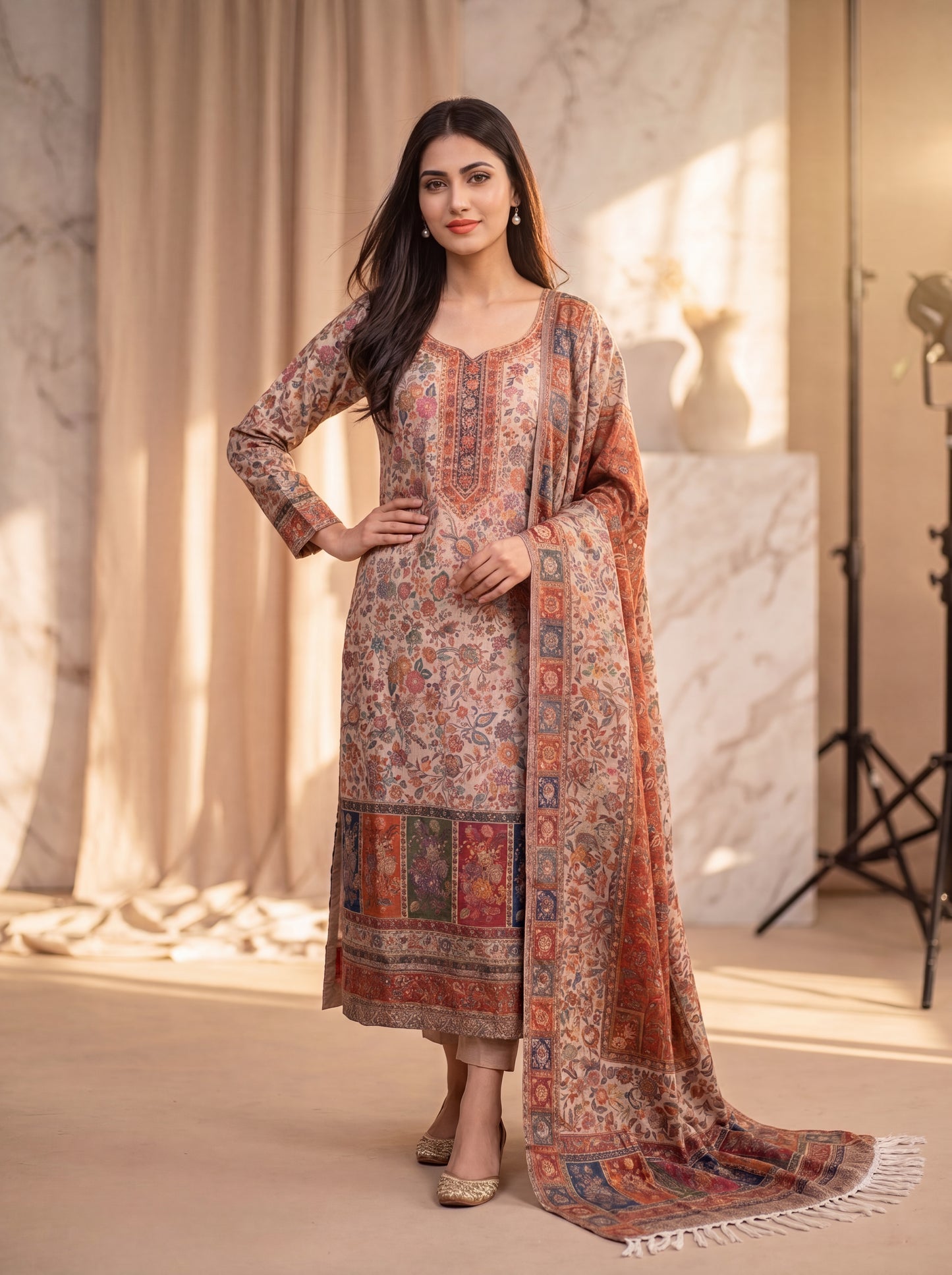 Neutral Beige Silk Kaani Suit