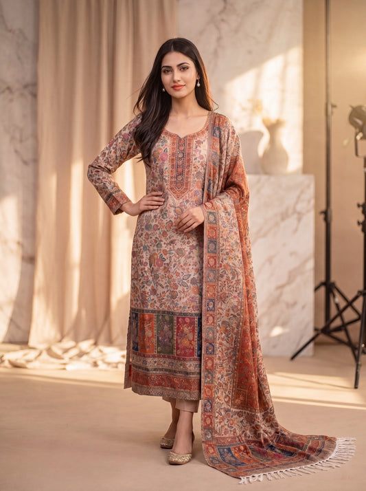 Neutral Beige Silk Kaani Suit