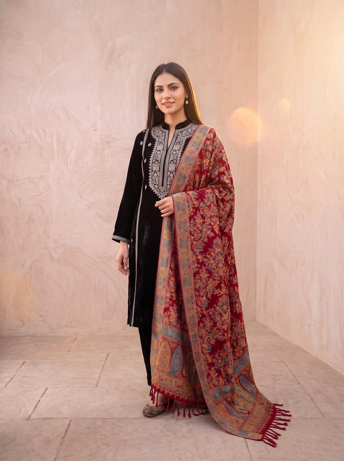 Crimson Red Silk Kaani Dupatta