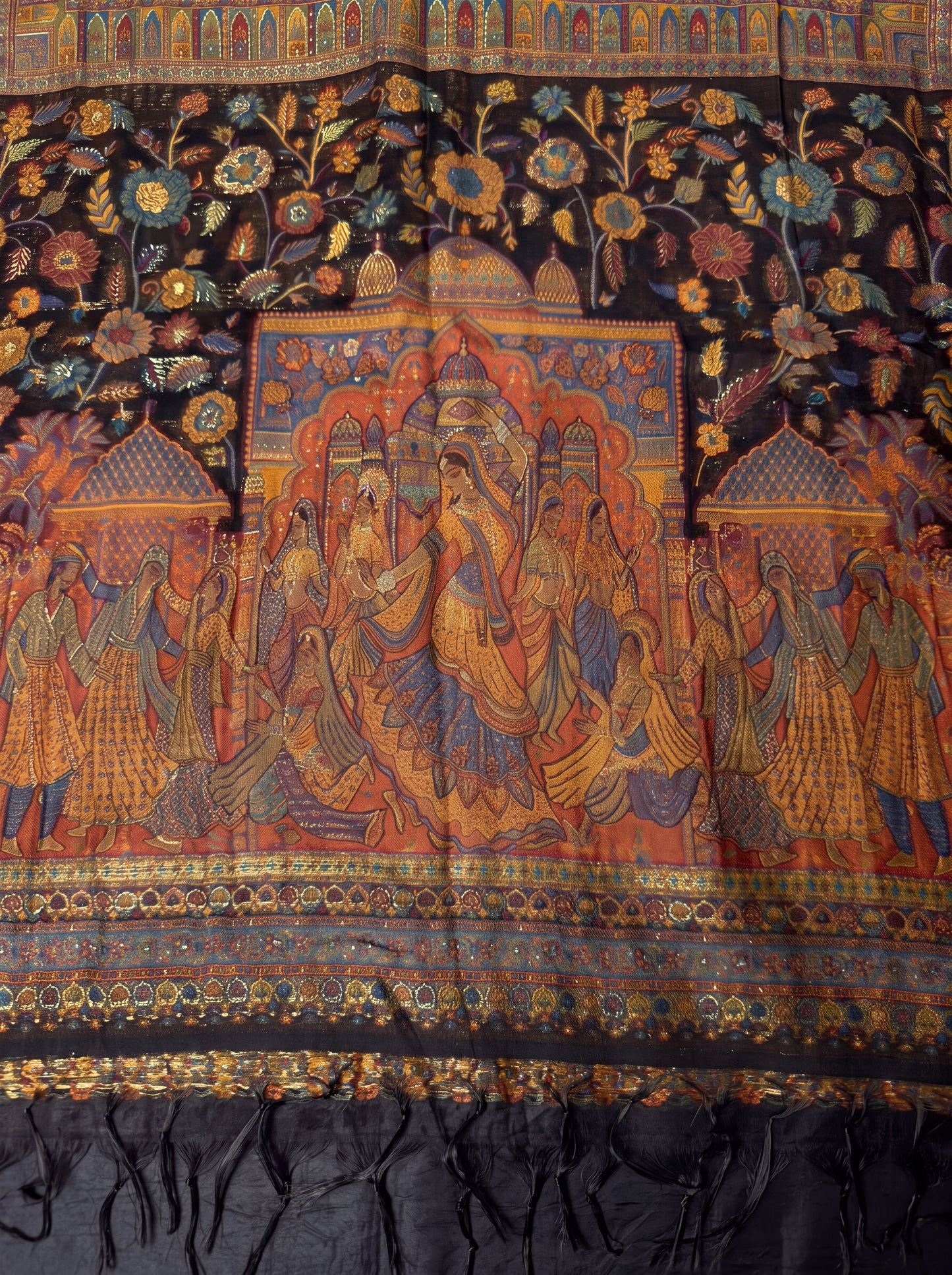 Midnight Black & Rust Mughal Court Silk Kaani Dupatta