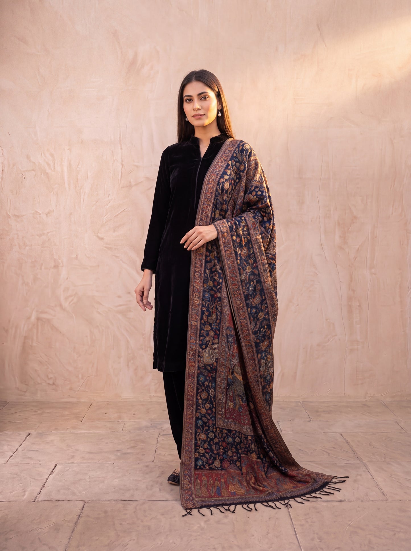 Midnight Black & Rust Mughal Court Silk Kaani Dupatta