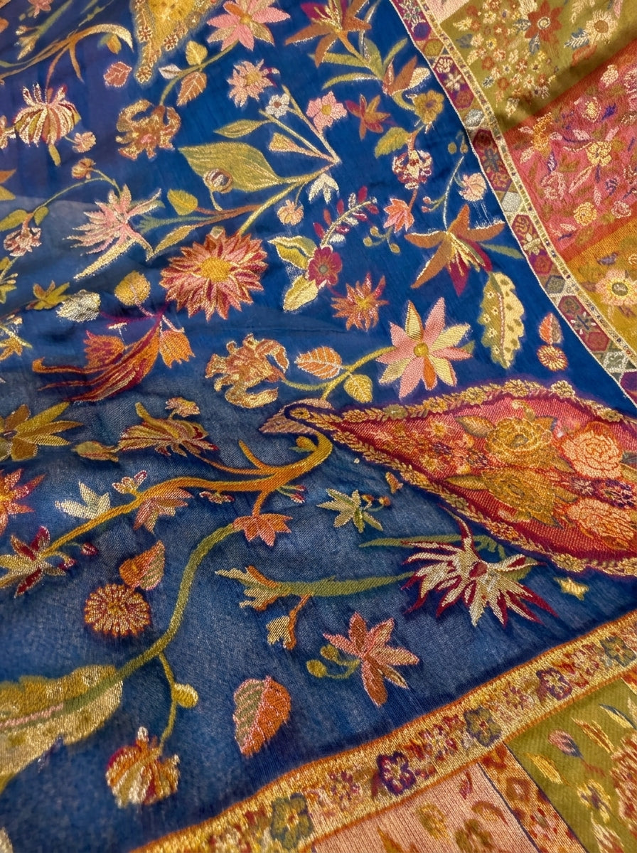 Blue Floral Silk Kaani Scarf