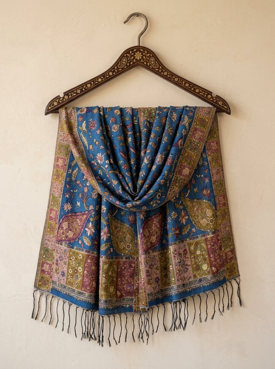 Blue Floral Silk Kaani Scarf