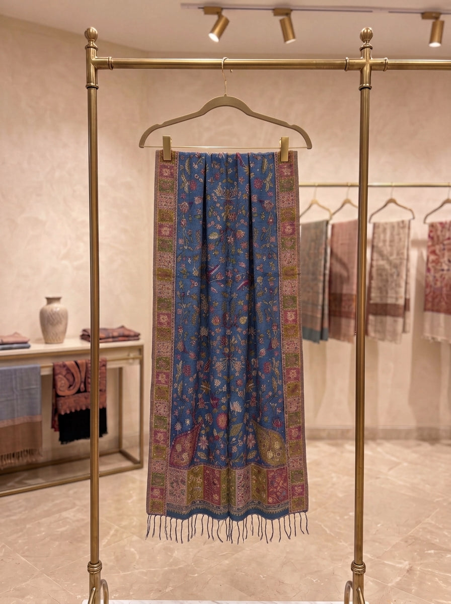 Blue Floral Silk Kaani Scarf