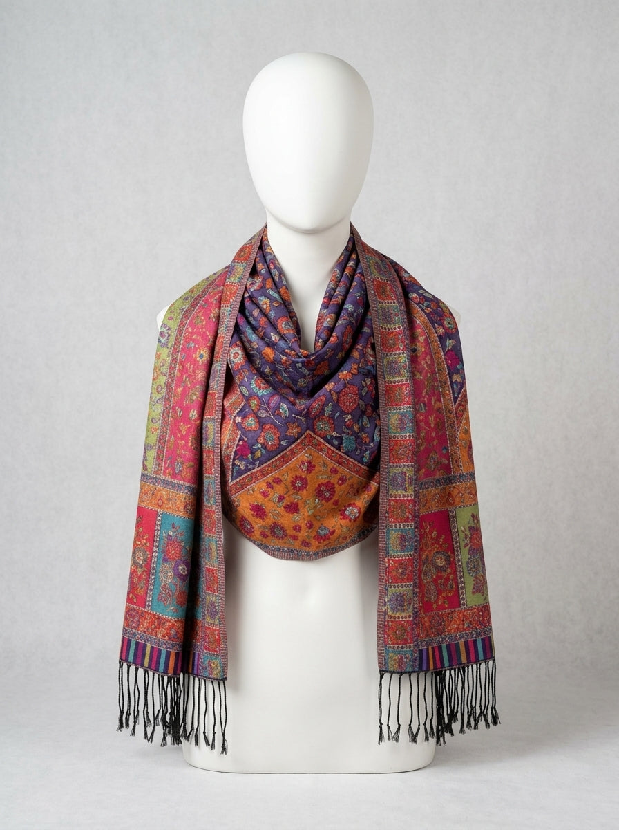 Jewel-Tone Floral Silk Kaani Scarf