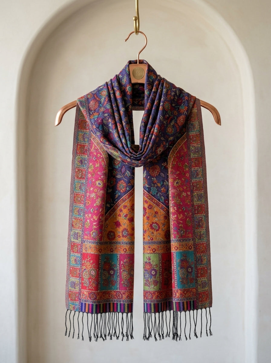 Jewel-Tone Floral Silk Kaani Scarf
