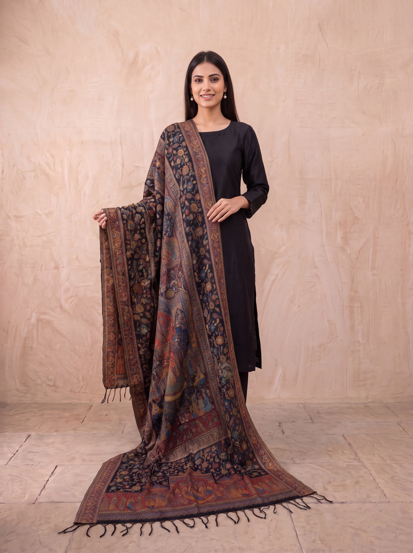 Midnight Black & Rust Mughal Court Silk Kaani Dupatta