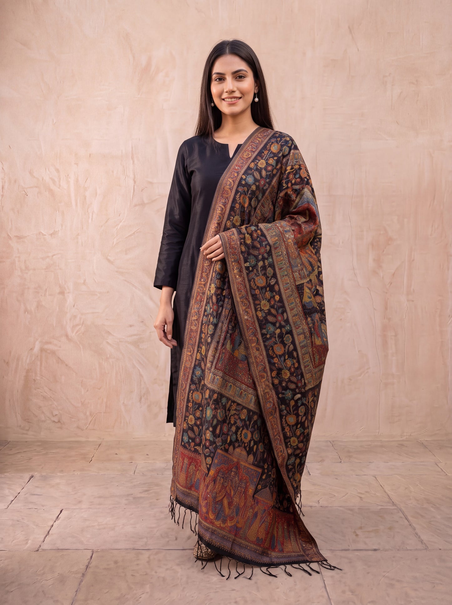 Midnight Black & Rust Mughal Court Silk Kaani Dupatta