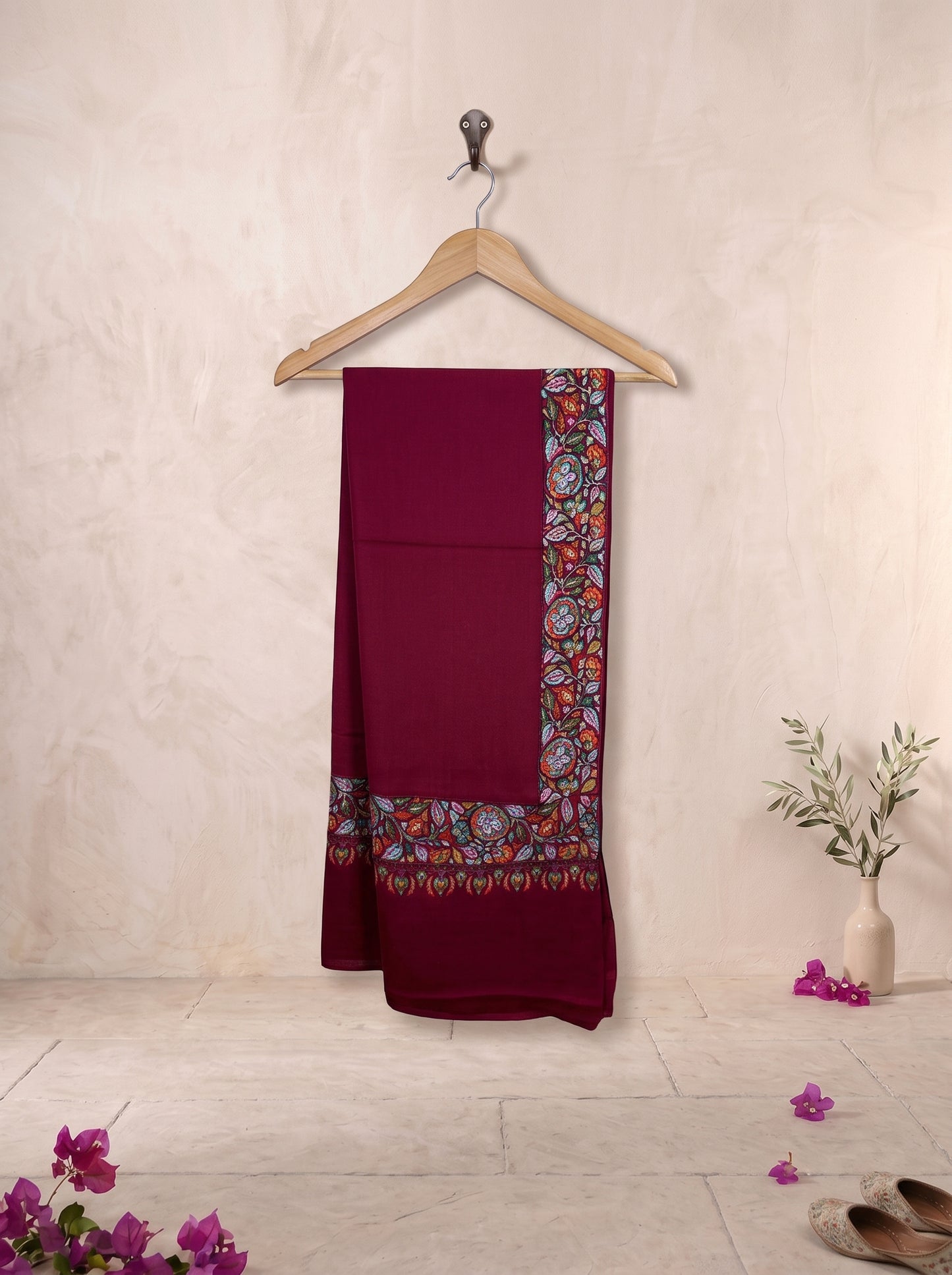 Maroonish Pink Pashmina Embroidered Shawl