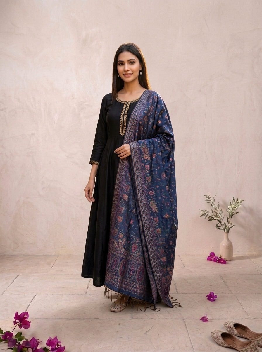 Midnight Blue & Gold Silk Kaani Dupatta