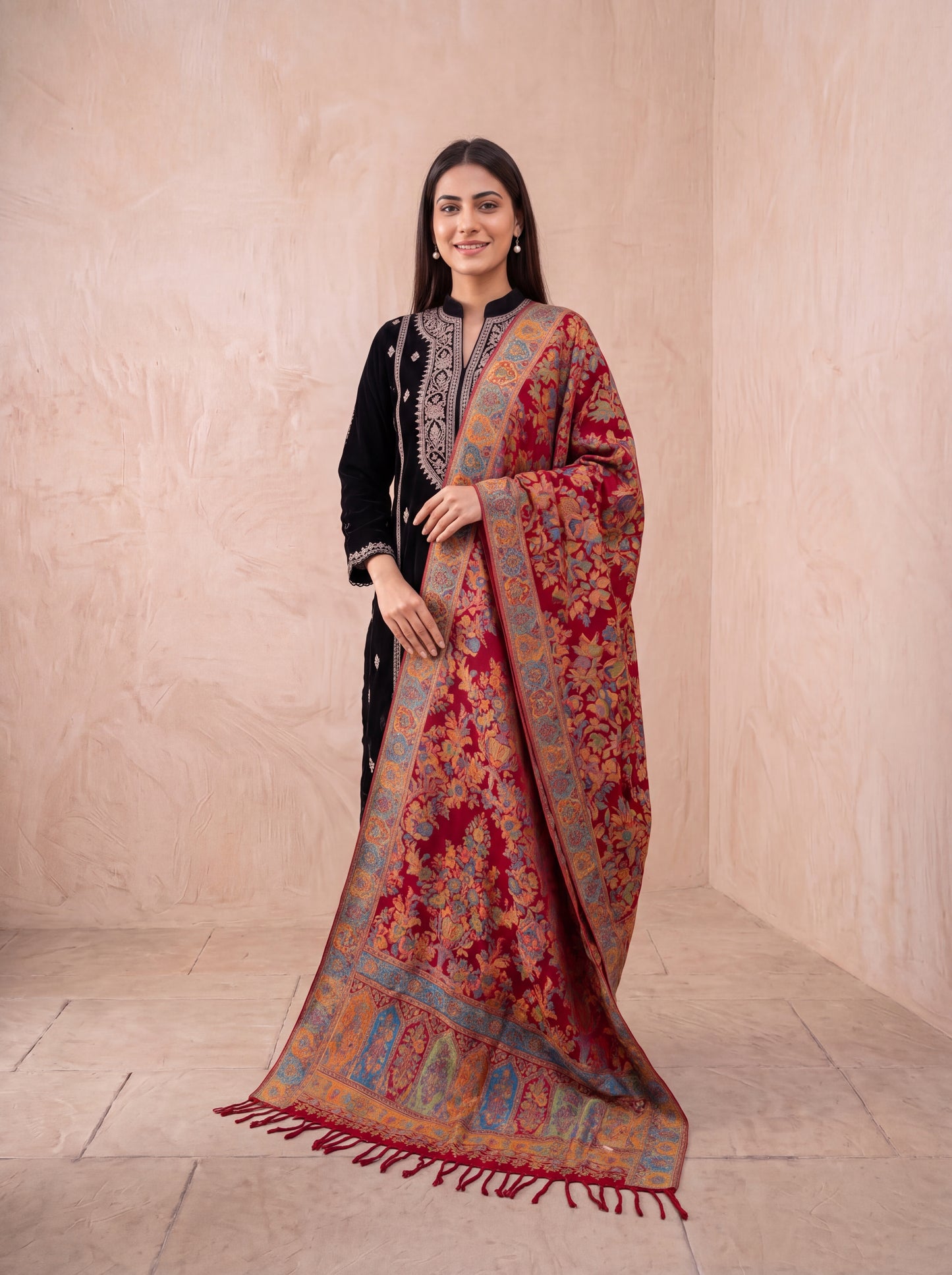 Crimson Red Silk Kaani Dupatta