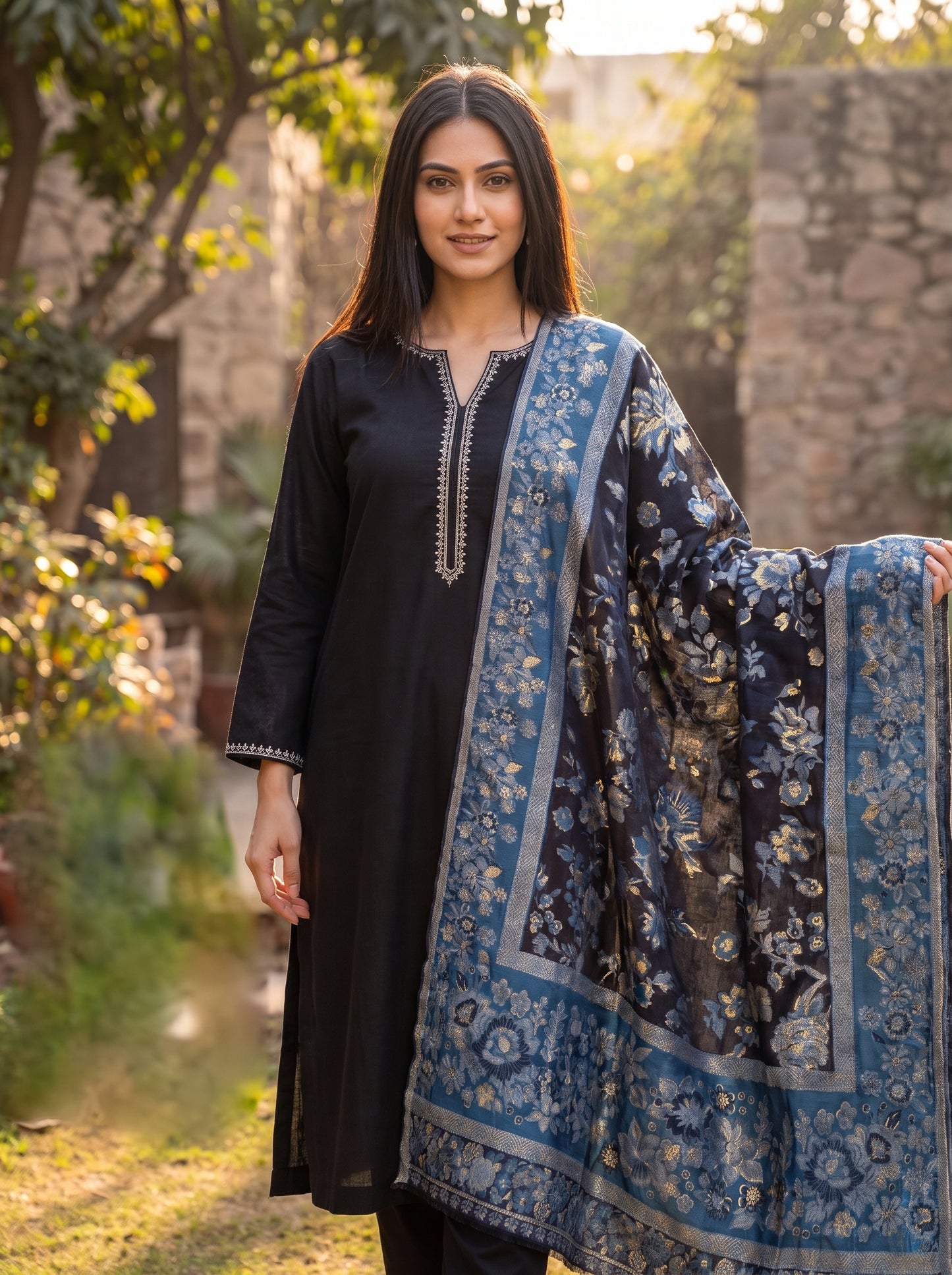 Midnight Blue & Gold Silk Kaani Dupatta