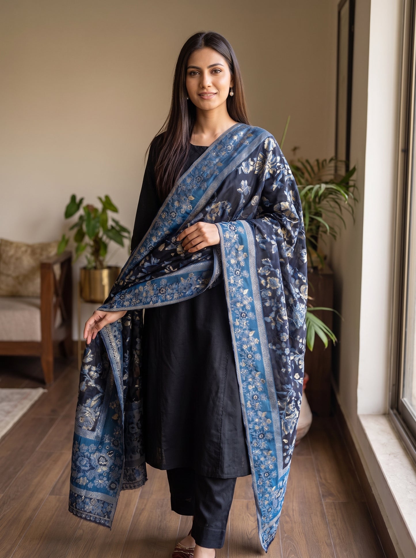 Midnight Blue & Gold Silk Kaani Dupatta