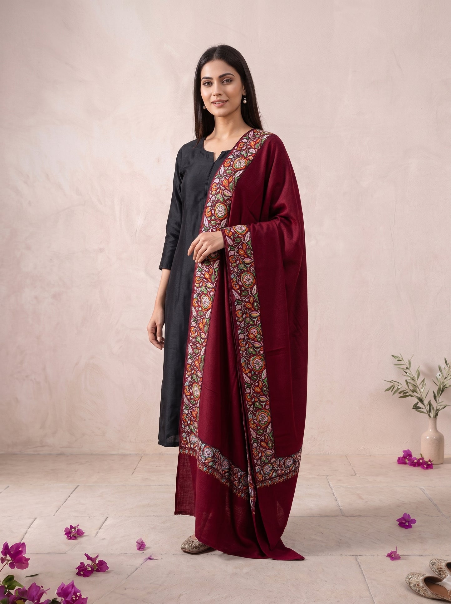 Maroonish Pink Pashmina Embroidered Shawl