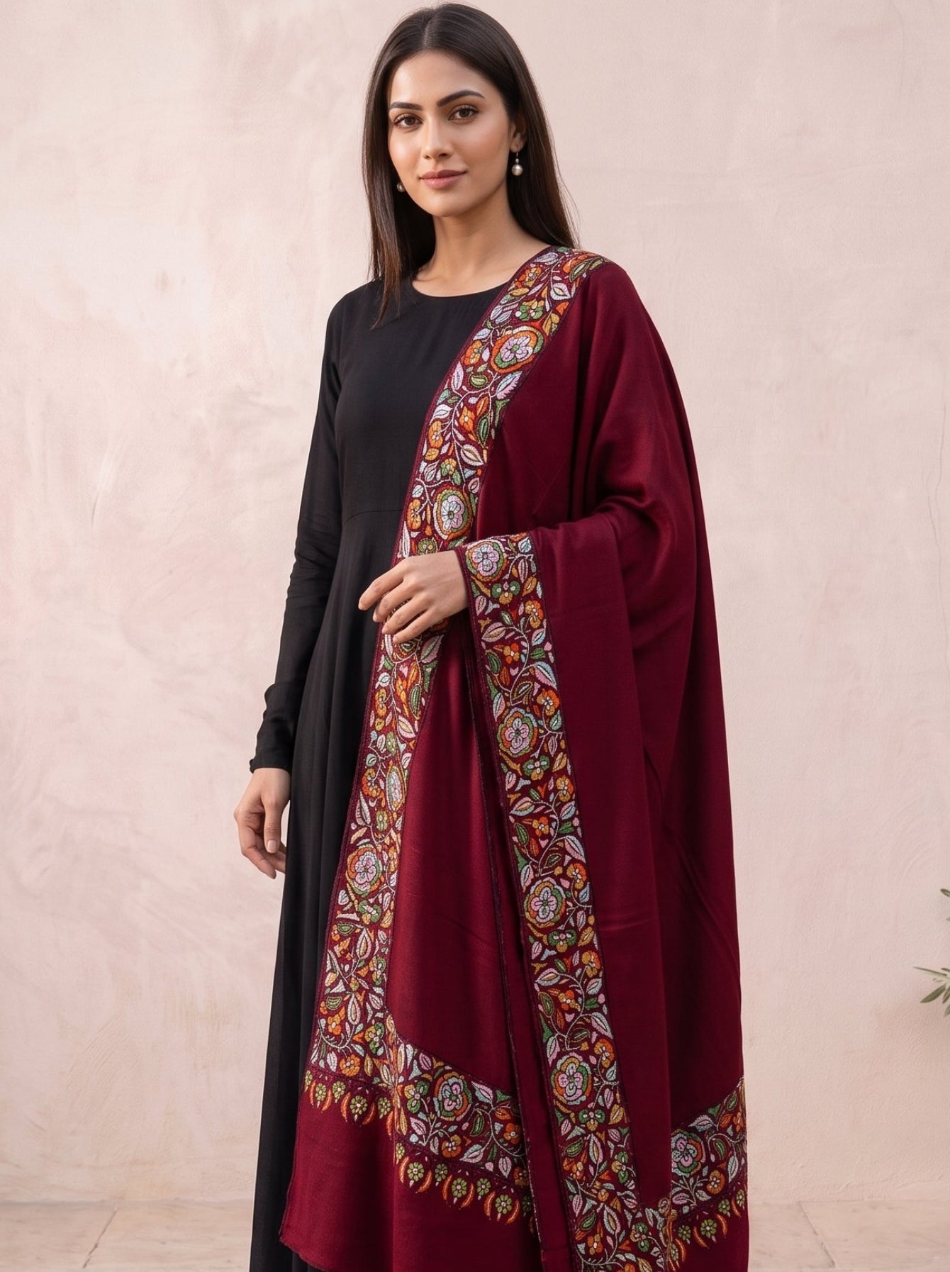 Maroonish Pink Pashmina Embroidered Shawl