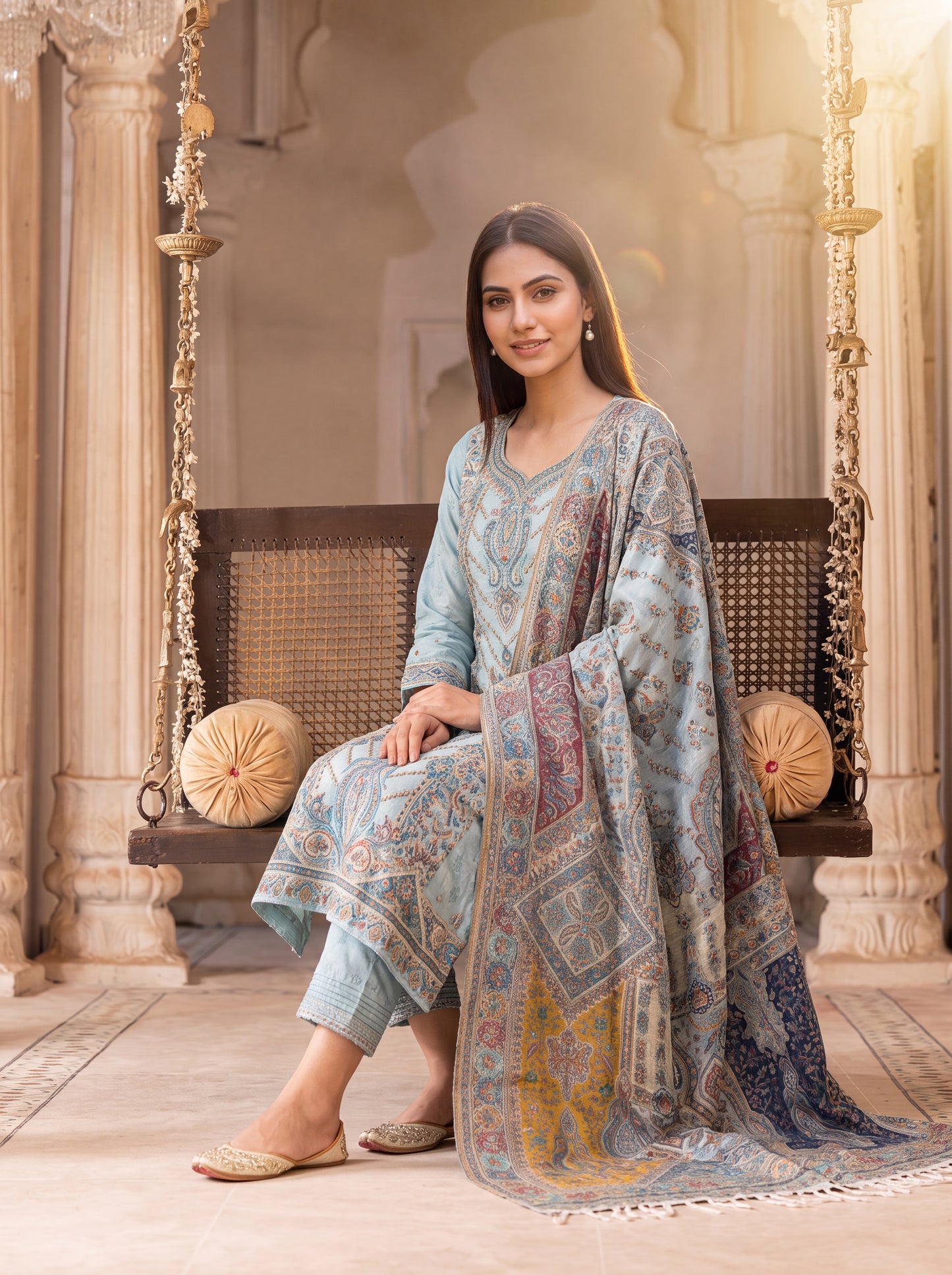 Serene Ice Blue Silk Kaani Suit