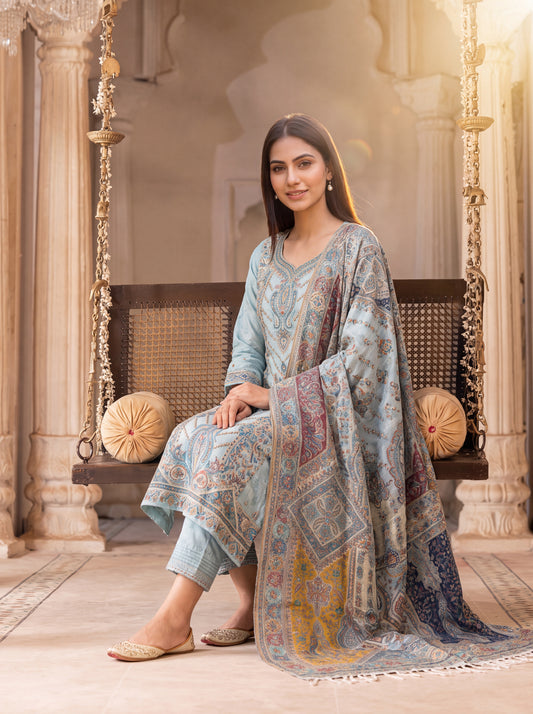 Serene Ice Blue Silk Kaani Suit