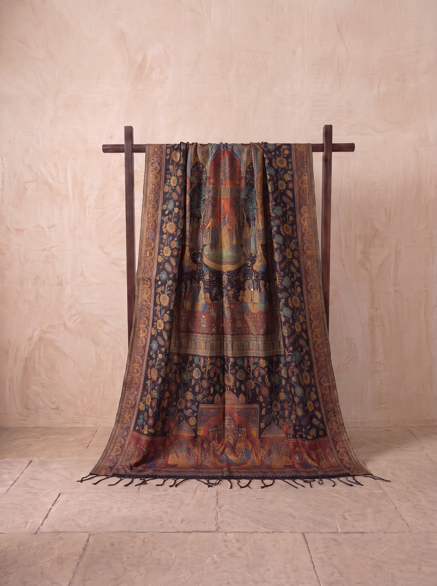 Midnight Black & Rust Mughal Court Silk Kaani Dupatta