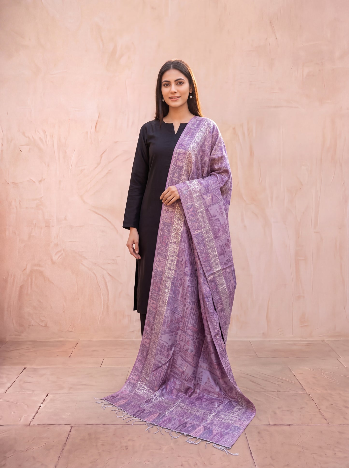 Soft Lilac Pink & Antique Gold Silk Kaani Dupatta