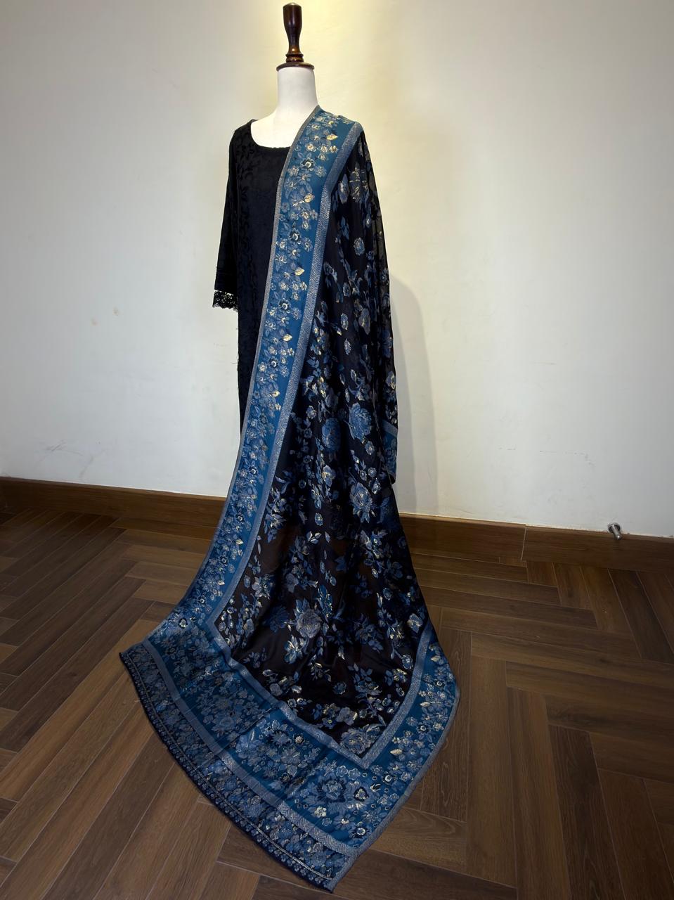 Midnight Blue & Gold Silk Kaani Dupatta