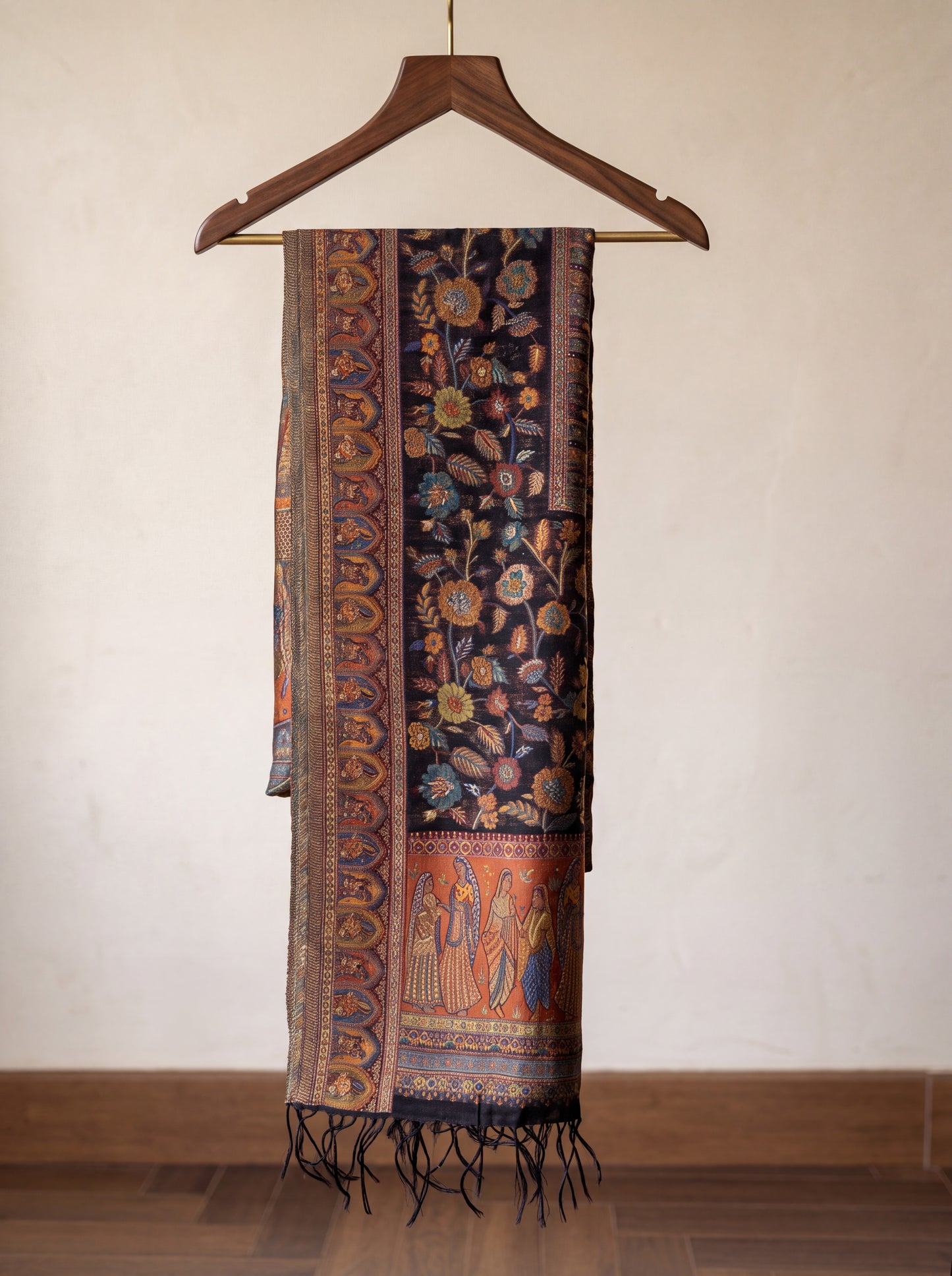 Midnight Black & Rust Mughal Court Silk Kaani Dupatta