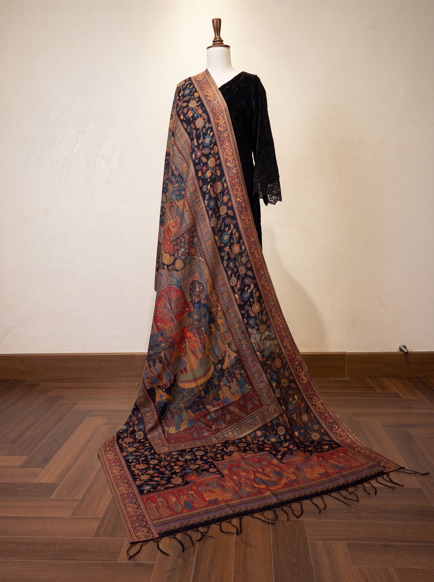 Midnight Black & Rust Mughal Court Silk Kaani Dupatta