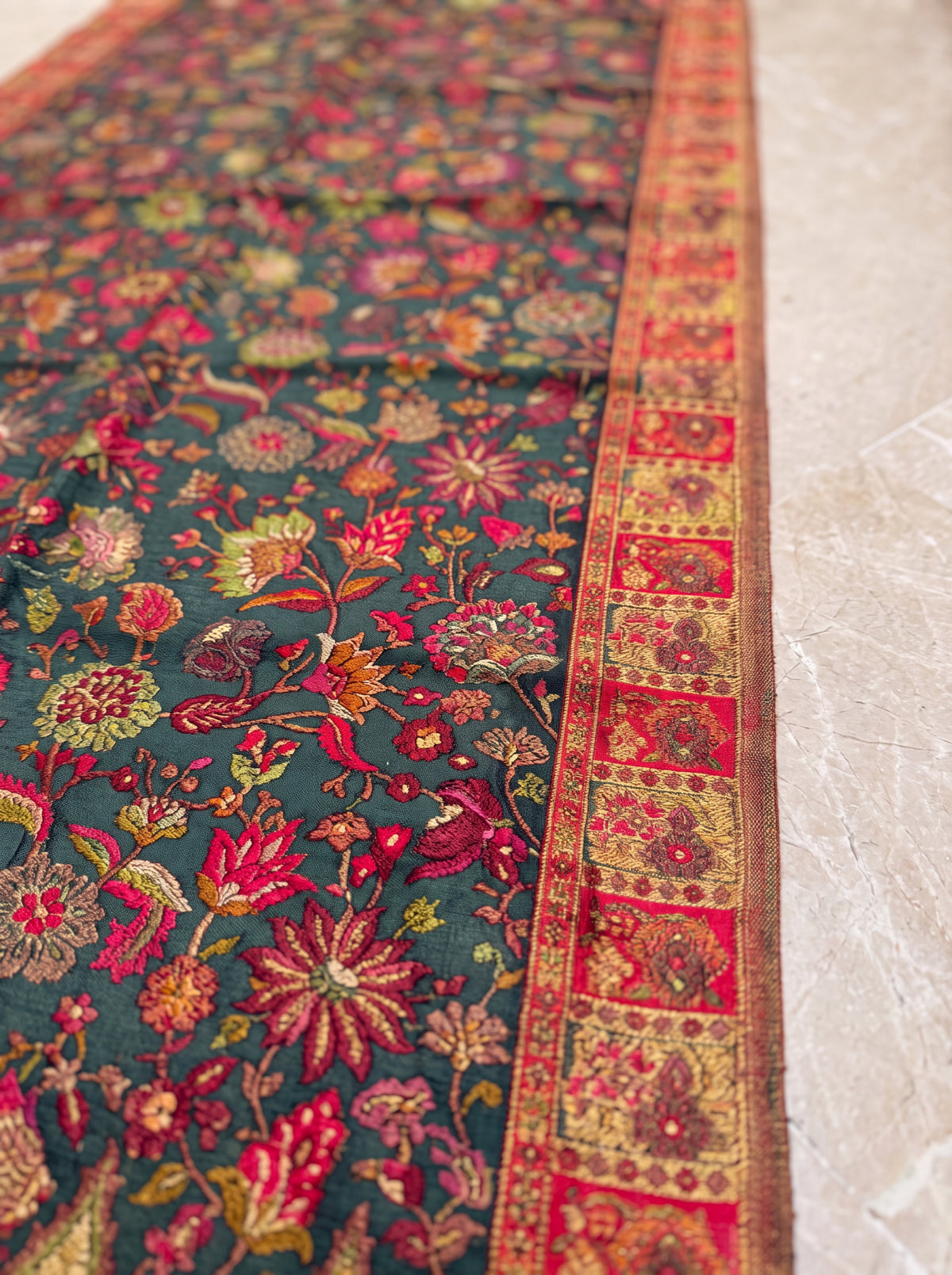 Green Floral Silk Kaani Scarf