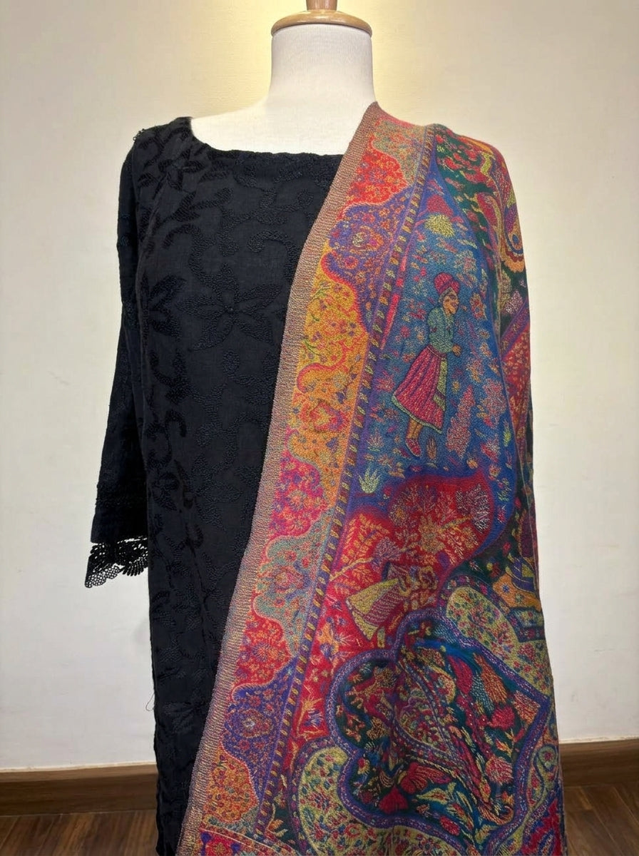 Jewel-Toned Royal Mughal Silk Kaani Dupatta
